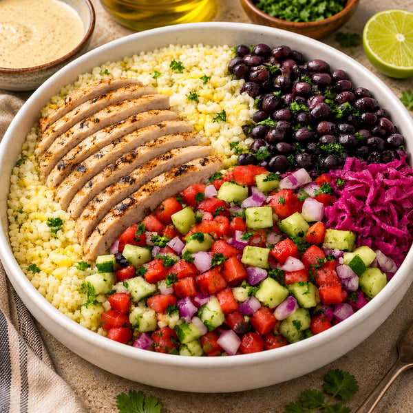 Colorful salad with chicken, rice, black beans, pickled slaw chop-chop in a white bowl.